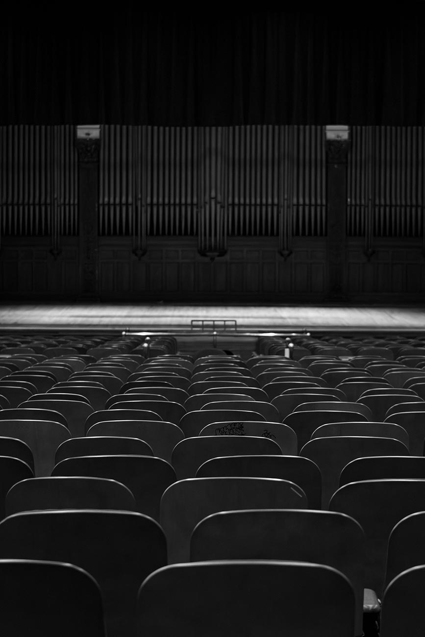 Black and white Theatre in the Drexel Main Building, Philadelphia, Pennsylvania