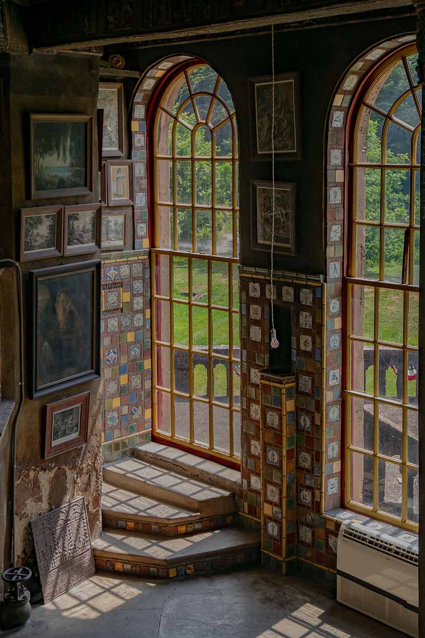 View looking down towards a tiled window at Fonthill Castle in Doylestown, PA