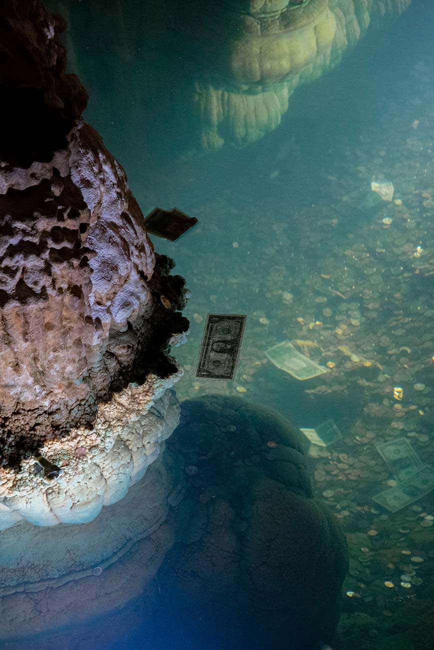 Money floating in the wishing well at Luray Caverns in Luray, Virginia